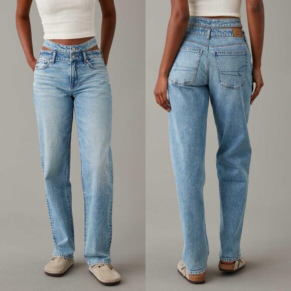 American Eagle Outfitters Denim - AE Strigid Super High-Waisted Baggy Straight Cut-Out Jeans Blue Size 00